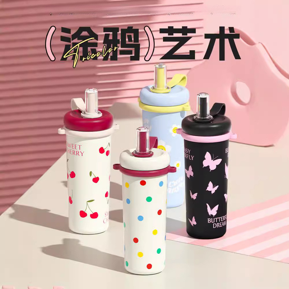[Jolly Living Home] สแตนเลสเซรามิค Liner ถ้วยน้ําเก็บความเย็น Graffiti Straw Thermos Cup รถถ้วยชาน้ํ
