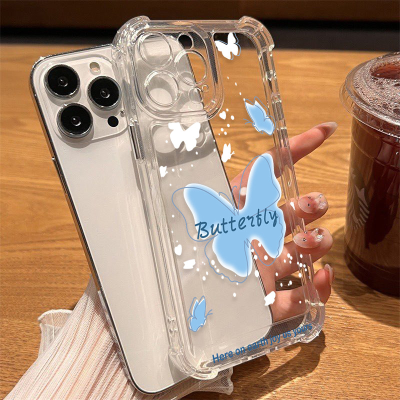 นิ่มกันกระแทกเคสโทรศัพท์ เคสสำหรับ เคส iphone 11 เคสไอโฟน 13 14 15 12 XR 7 8 6 Plus X XS 15 Pro MAXผีเสื้อสีฟ้าและสีขาวท