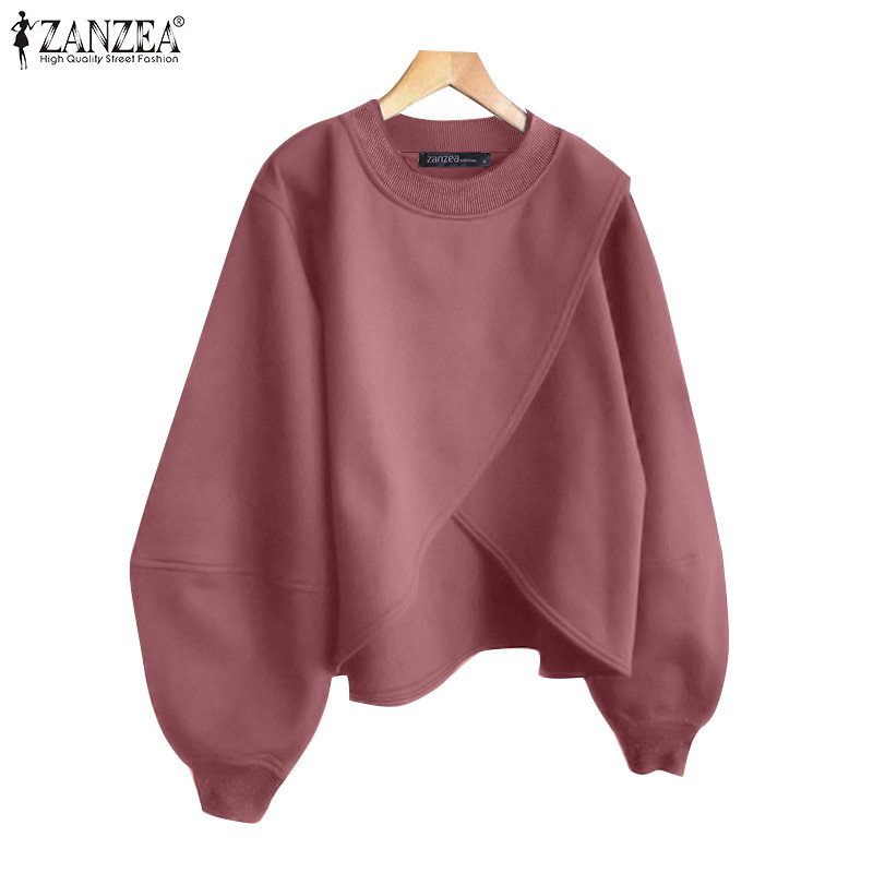 Zanzea ผู้หญิงเกาหลีแขนยาวลูกเรือคอชายเสื้อไม่สม่ําเสมอ Slit เสื้อหลวม