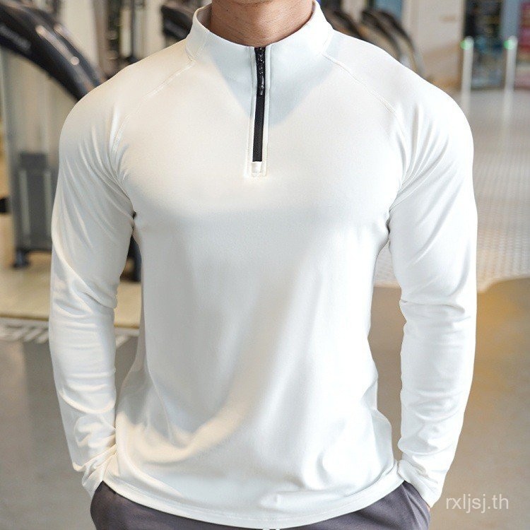เสื้อกีฬาแขนยาวสำหรับผู้ชายเสื้อยืดชุดฝึกซ้อมวิ่งออกกำลังกายสำหรับผู้ชายเสื้อลำลองแบบมีซิปครึ่งซิปยืดหยุ่นสูงสำหรับฤดูใบไม้ร่วงและฤดูหนาว