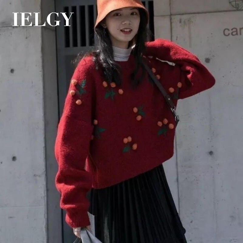 IELGY เสื้อสเวตเตอร์ทรงหลวมสีแดงเชอร์รี่แบบสวมหัวสไตล์คริสต์มาสแบบสั้นสําหรับผู้หญิง