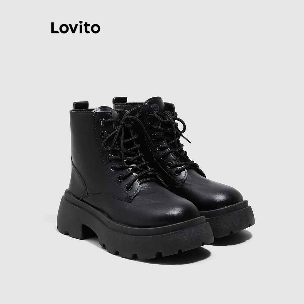 (Lovito Refine) รองเท้าบูทแฟชั่นอังกฤษแบบผูกเชือกธรรมดาสำหรับผู้หญิง แต่เพียงผู้เดียว LFA46387