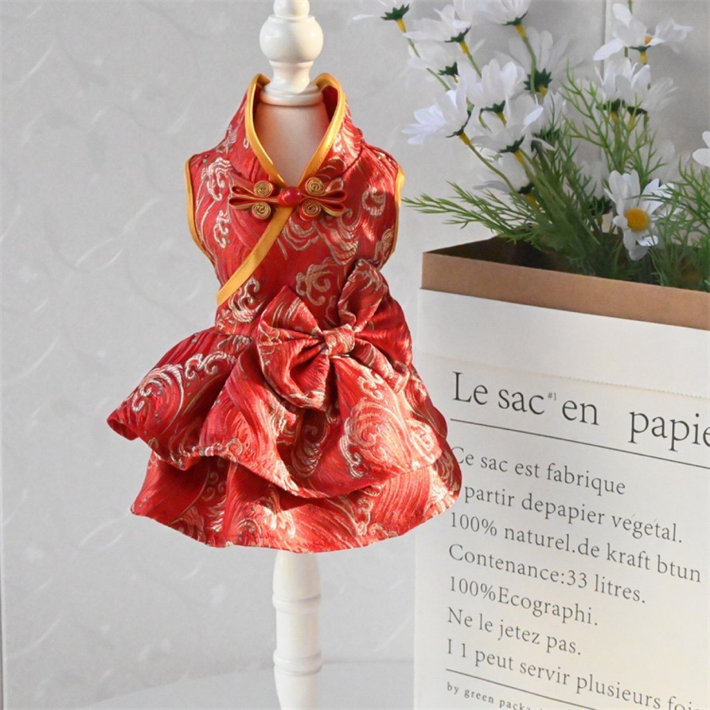 ปีใหม่สัตว์เลี้ยงเครื่องแต่งกายจีน Tradition ชุดสุนัขสําหรับ Shih Tzu ขนาดเล็กแมว Cheongsam สุนัข Tangsuit