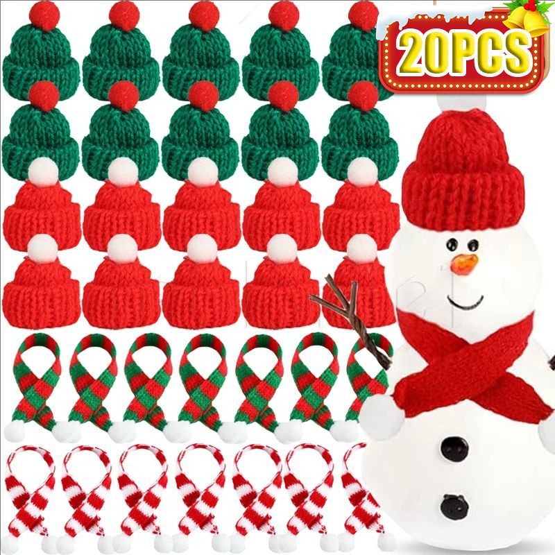หมวกนิ้ว - DIY ถัก Santa หมวก - Xmas Party Decor - 20 ชิ้น Mini Christmas Hat & Scarf เครื่องประดับ - สําหรับตุ๊กตา, Lollipop, ขวดตกแต่ง - Handmade หมวกขนสัตว์