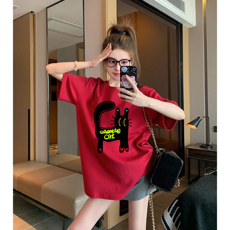 (จัดส่งตลอด 24 ชั่วโมง）Angle Officialเสื้อยืดแขนสั้นสีแดง fun cat แบบใหม่ หลากหลายสไตล์ ลดวัย