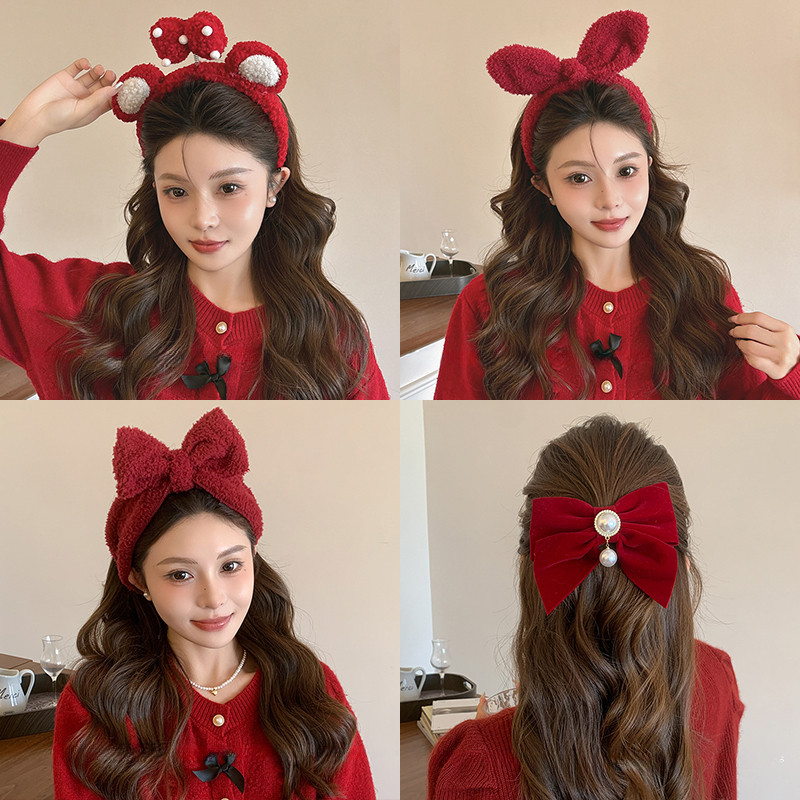 ปีใหม่กิ๊บติดผมโบว์สีแดงสําหรับผู้หญิงเครื่องประดับผมแฟชั่นใหม่