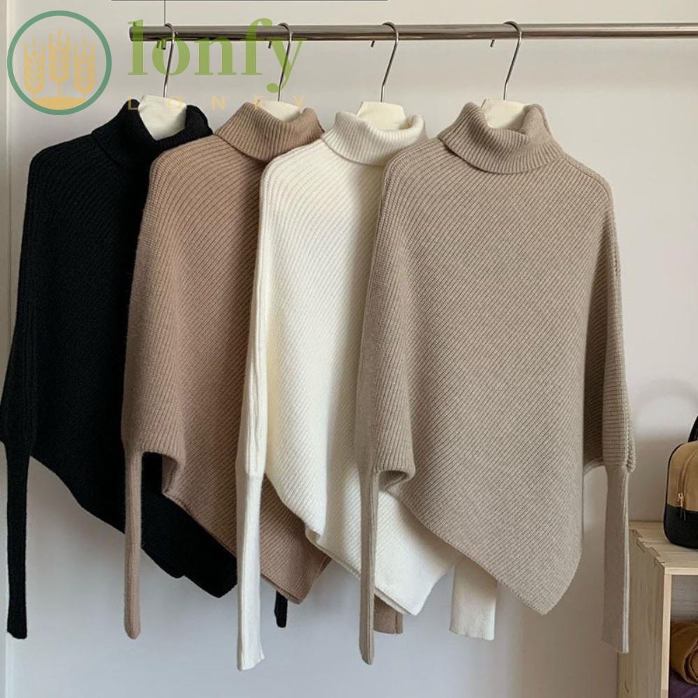 Lonfy เสื้อไหมพรมแขนยาวคอสูงหลวมหนาไม่สม่ําเสมออบอุ่นหญิง พี เสื้อสวมหัว ฤดูใบไม้ร่วงฤดูหนาว