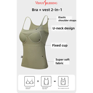 2 in 1 Cotton U-neck fixed-cup เสื้อกล้าม, bra-top, basic white black Grey Camisoles
