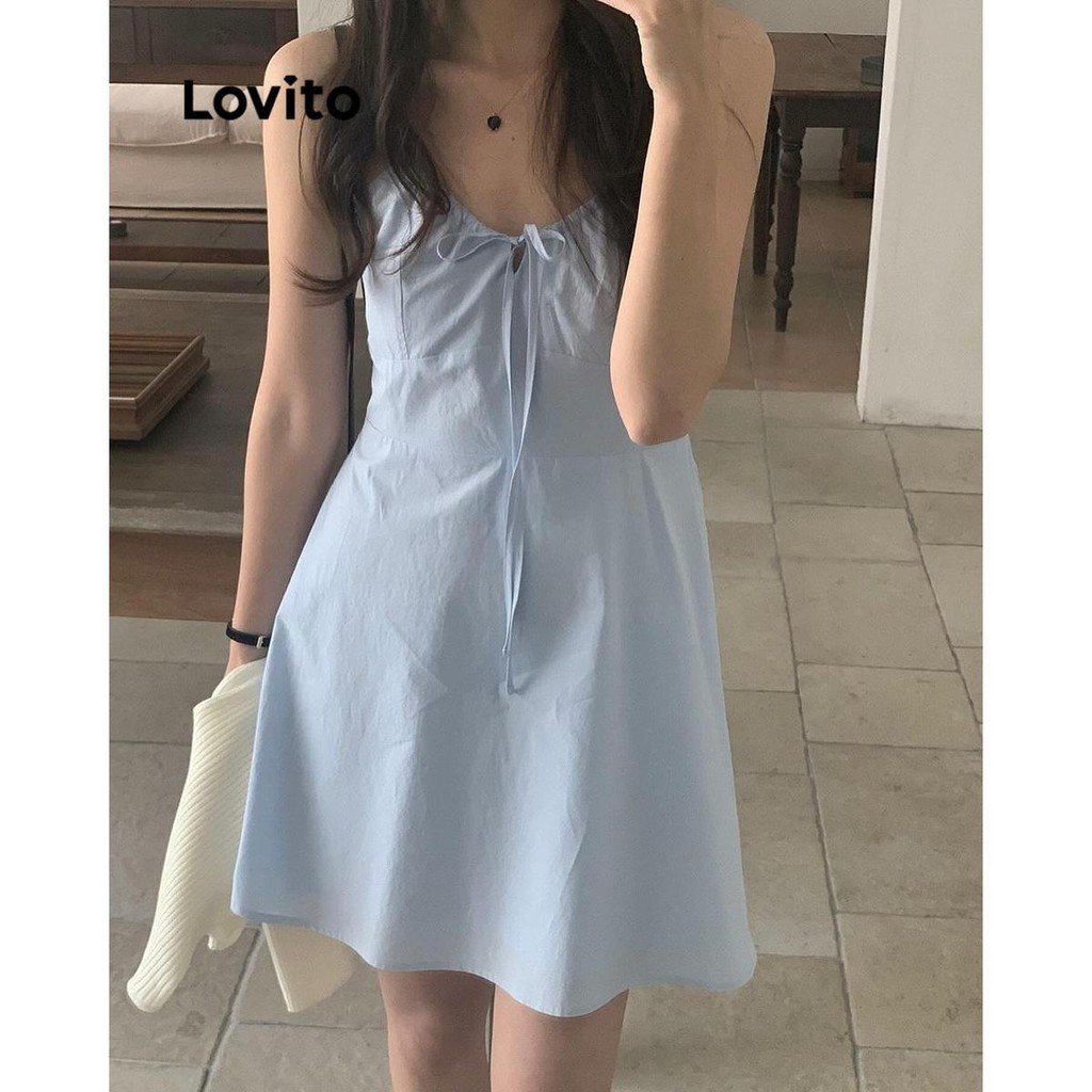 Lovito ชุดเดรสผู้หญิง ผูกโบว์ สีพื้น สไตล์หรูหรา LNE66197