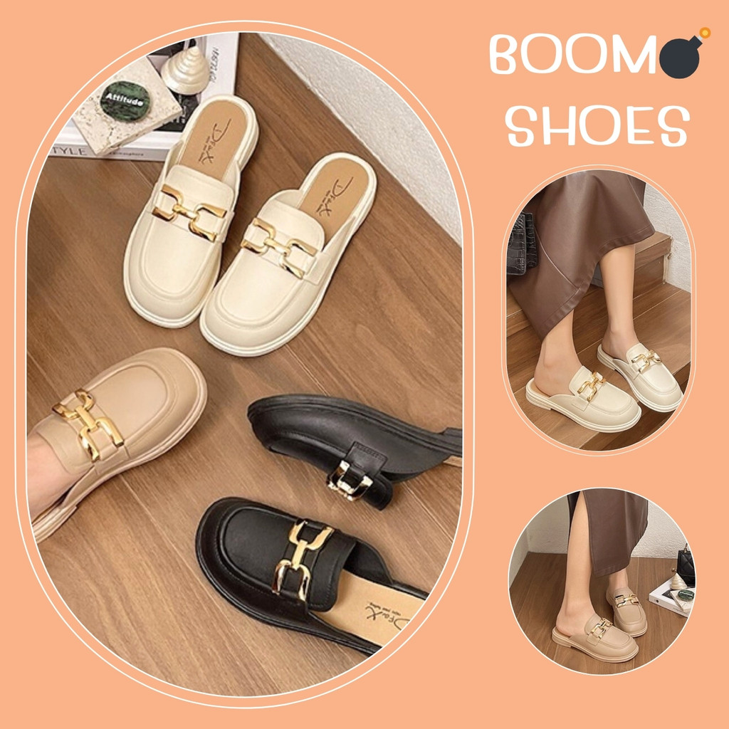 BOOM💣คัชชูแฟชั่น ส้นแบน เปิดปลายเท้า รุ่นแต่งอะไหล่ห่วงไขว้ 3 สี (70)
