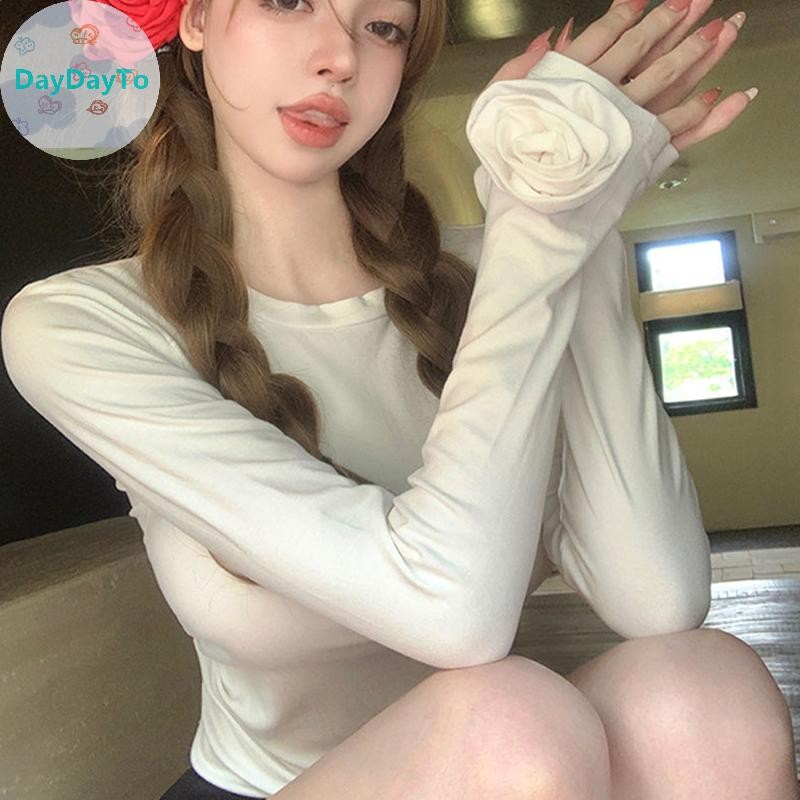 Daydayto แฟชั่นสตรีหวานสามมิติดอกไม้คอกลมแขนยาวเสื้อยืดบาง TH