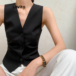 Lovito เสื้อกล้ามลําลอง เสื้อสายเดี่ยวกระดุมหน้าจับจีบสีพื้นสําหรับผู้หญิง L65ED049 (หลากสี)