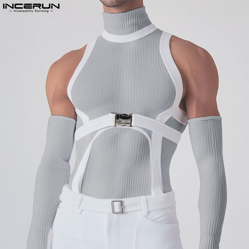 Incerun Mens Shishan Deconstructed Metal Buckle Design Texture เสื้อยืดแขนยาว