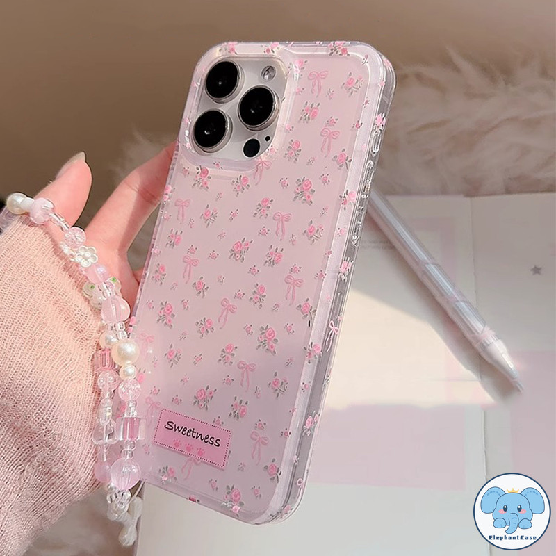 เคสสร้อยข้อมือดอกไม้โรแมนติกสีชมพูหวาน เคสไอโฟน16 เคส IPhone 13 16 11 15 12 14 Pro Max 8Plus XS X XR Max 7 8 Plus SE
