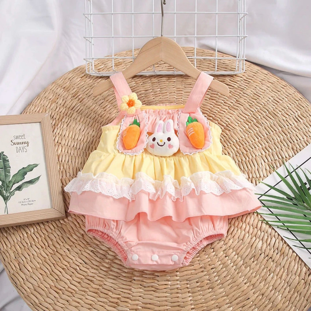 ฤดูร้อนใหม่เสื้อผ้าเด็กเด็กสาวแขนกุดแขวนบอดี้สูท0-24เดือนระบายอากาศและสะดวกสบายการ์ตูนกระต่ายสีชมพู ชุดรอมเปอร์ สไตล์เกาหลี