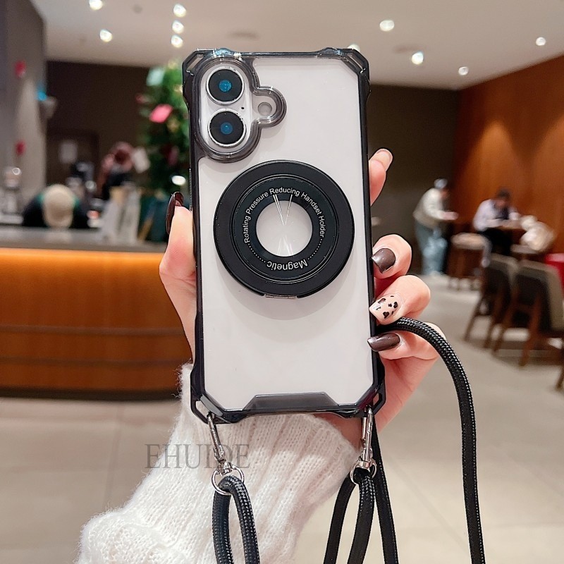Iphone 16 15 14 13 11 12 Pro Max XS X Plus 360 Rotation Magnetic Metal Ring Stand Case Crossbody Lanyard Strap Clear Cover