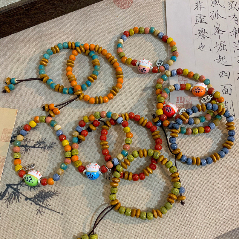 เซรามิค Lucky Cat สร้อยข้อมือถักผู้หญิงสัตว์น่ารักลูกแมว Hand-ทอกําไลข้อมือ Party Harajuku เครื่องประดับของขวัญ Best Friend