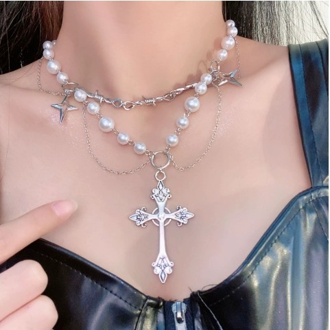 Benge ของขวัญแฟชั่นพู่มุกคอข้าม Thorn Y2K Chain อุปกรณ์วันหยุดแบบปรับได้