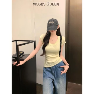 MOSESQUEEN การออกแบบอารมณ์ที่สวยงาม U-คอด้าย Slim ไหล่แขนสั้นเสื้อยืด 2025 ฤดูร้อนใหม่ Slim สุภาพสตรีด้านบน #59812