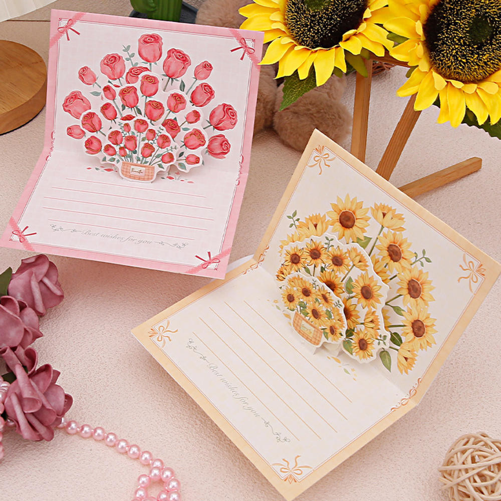 1pc ช่อดอกไม้ Pop Up การ์ดอวยพร,ดอกทิวลิป,ดอกทานตะวัน,ดอกกุหลาบ 3D การ์ดสําหรับครบรอบงานแต่งงานวันขอบคุณพระเจ้าวันเกิดวันวาเลนไทน์ Gif