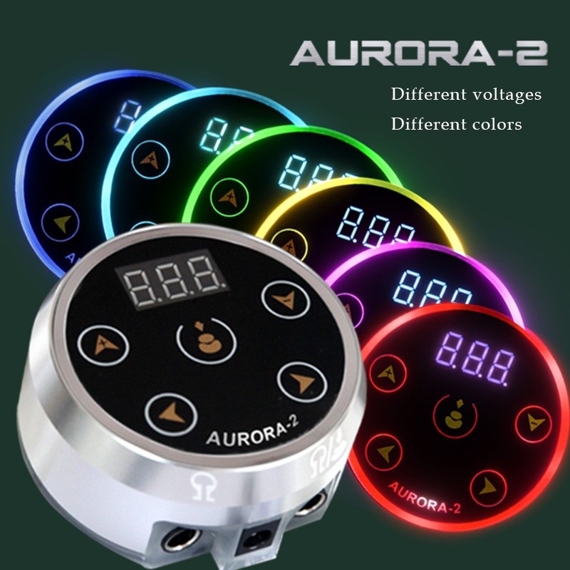 หน้าจอ LCD รอยสักพลังงาน Aurora II พร้อมอะแดปเตอร์ 3.4A อเมริกัน เหมาะสําหรับคอยล์ปากกาและหมุนได้ อินเทอร์เฟซคู่ PMU และ SMP พร้อมไฟสีรุ้ง