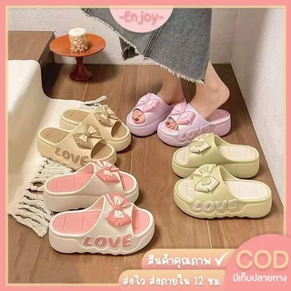 🍓EnJoy🍓พร้อมส่ง (LT-6829/LT-6829-1) รองเท้าแตะแบบสวม ดีเทลโบว์น่ารัก สีพาสเทล พื้นหนา เสริมส้นสูงสำหรับผู้หญิง