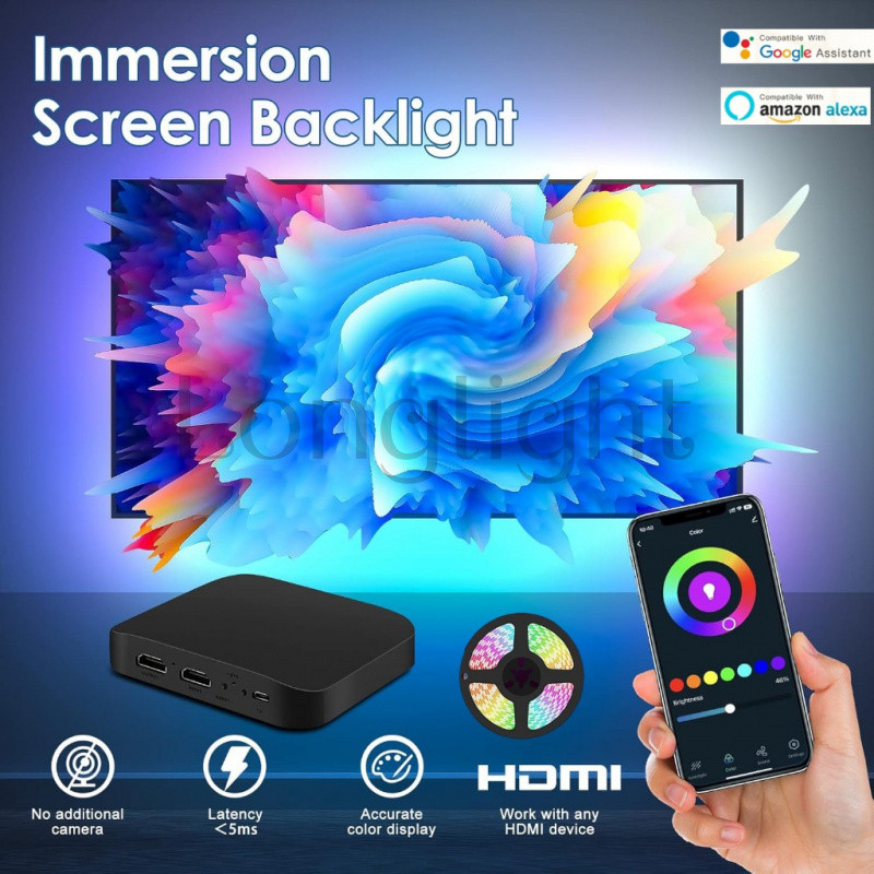 ซิงค์แบ็คไลท์ LED สมาร์ททีวีพร้อมอุปกรณ์ HDMI, ทํางานร่วมกับ Alexa & Google Assistant, ไฟแถบ RGB-IC แบบแช่สําหรับการตกแต่งวิดีโอเกม