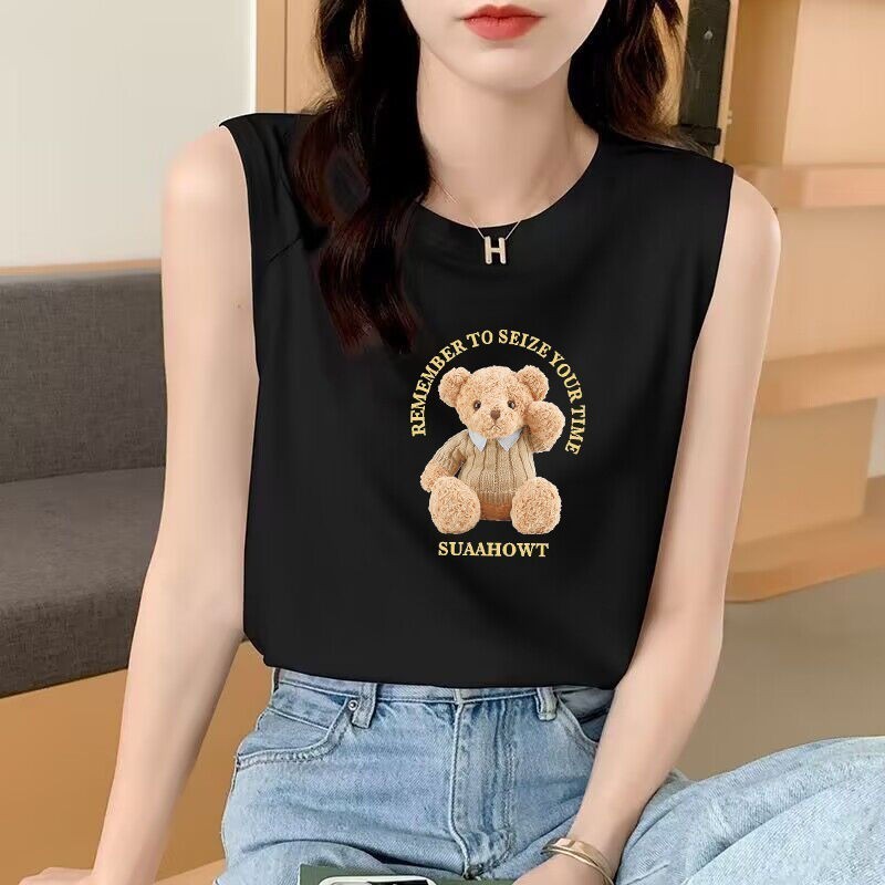 NEW เสื้อแขนกุดลายหมี แขนกุดผู้หญิง ลายสกรีน OP-1090