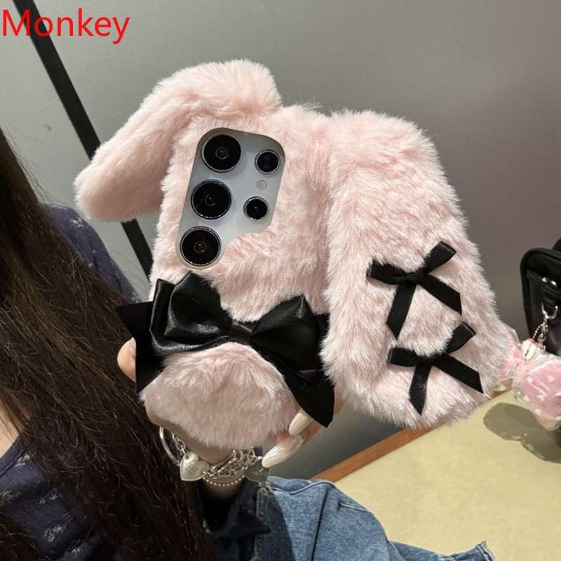 SAMSUNG น่ารักโบว์ปุยมีขนดกกระต่ายหูตุ๊กตาสัตว์เคสโทรศัพท์สําหรับSamsung S25 Ultra S24 FE S23 S22 S21 S20 S10 S9 นุ่มอบอุ่นขนปก