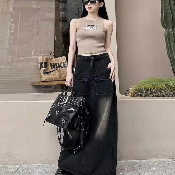 กระโปรงยีนส์ยาว กระโปรงยีนส์สาวอวบ กระโปรงยีนส์สีดําหญิงฤดูใบไม้ผลิฤดูใบไม้ร่วงไขมันเล็กน้อย MM Retr
