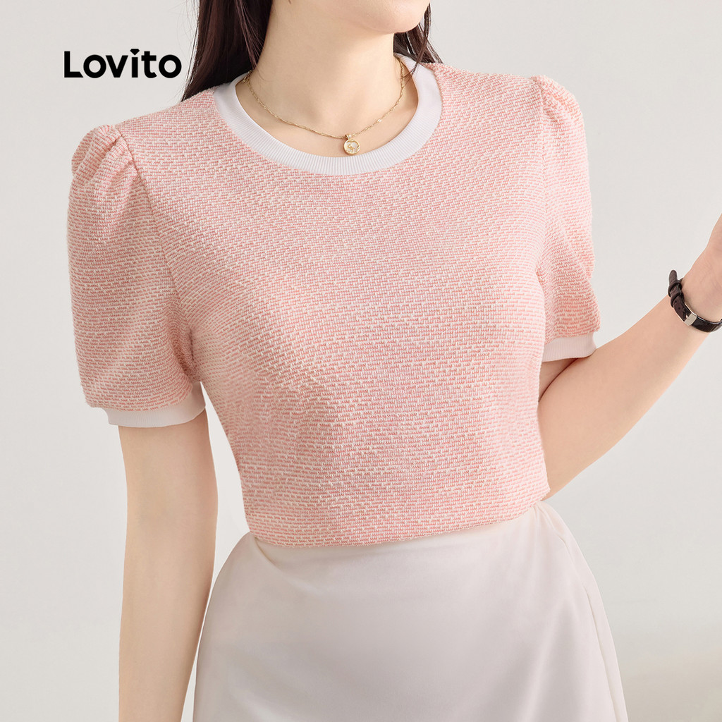 Lovito เสื้อยืดแฟชั่นสีบล็อกหรูหรา ใส่สบายในฤดูใบไม้ผลิ/ฤดูร้อน L143ED015