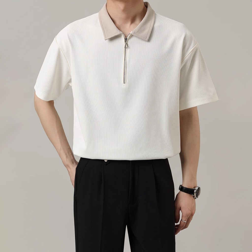 ⚡️BECoolMan⚡️ เสื้อโปโลผู้ชาย ปกพับ ซิปครึ่ง มีสไตล์หล่อ เหมาะสำหรับธุรกิจและการพักผ่อน ความรู้สึกระดับสูง