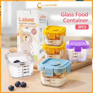 LAKOE กล่องข้าว แก้ว กล่องอาหารเด็ก กล่อง เซต3ใบ กล่องอาหาร  แก้วนมเด็ก นึ่งได้ กล่องแก้ว เข้าไมโครเวฟ ถ้วยอาหาร