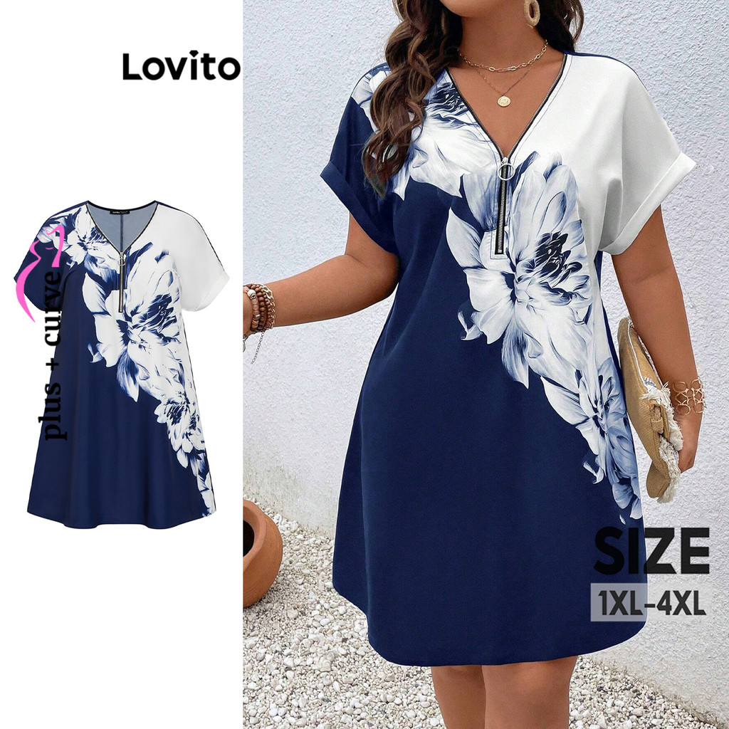 Lovito เดรสสาวอวบ สไตล์ลำลอง ลายดอกไม้ มีซิป LBL17762