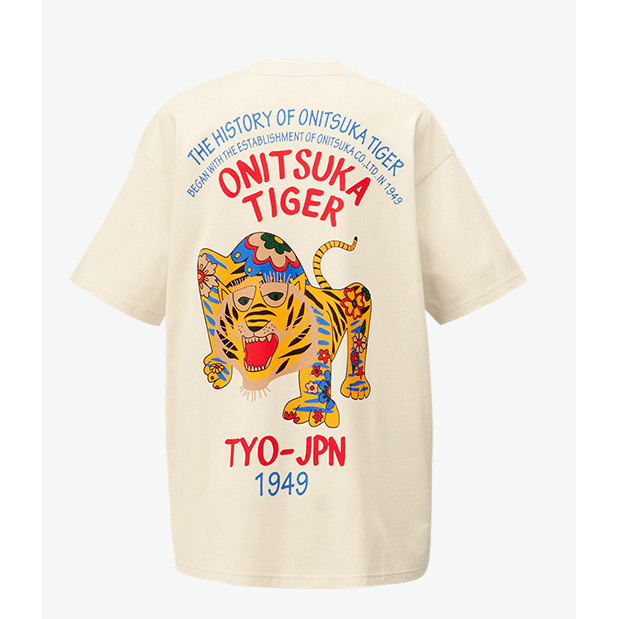 Onitsuka Tiger Onitsuka Tiger ผู้ชายผู้หญิงสไตล์เดียวกันฤดูร้อนฤดูใบไม้ร่วงสบาย All-Match พิมพ์รอบคอกีฬาเสื้อยืดแขนสั้น