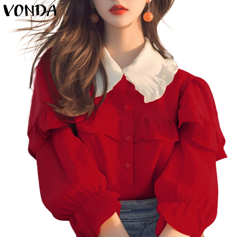 Vonda ผู้หญิงเกาหลี Elegant Casual Lapel Ruffled Edge เสื้อแขนยาว