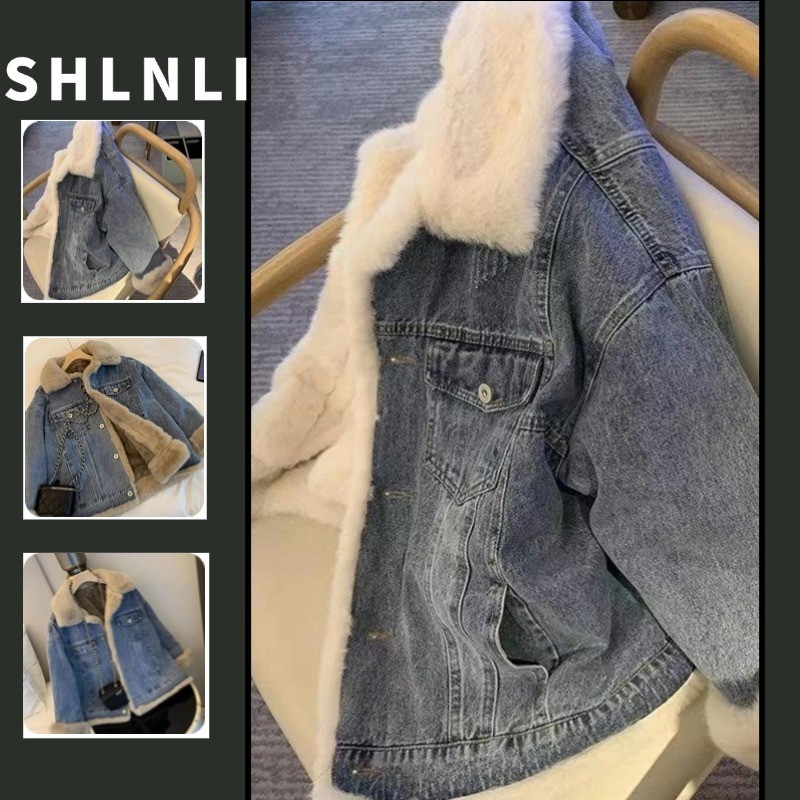 แจ็คเก็ตยีนส์แขนยาวสำหรับผู้หญิง สไตล์อเมริกันย้อนยุค ด้วยเนื้อผ้านุ่มเหมือนแกะขนสัตว์