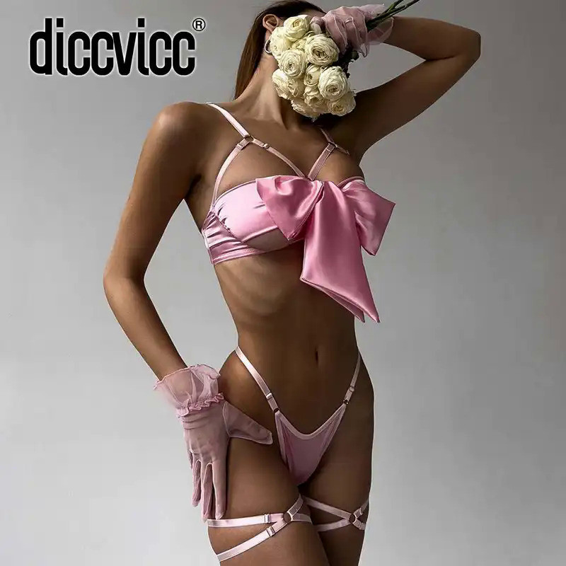MnDiccvicc Satin Bow Lingerie Woman Beautiful Naked Photo Girl Underwear Sexy Lace Bra Brief Set Exo