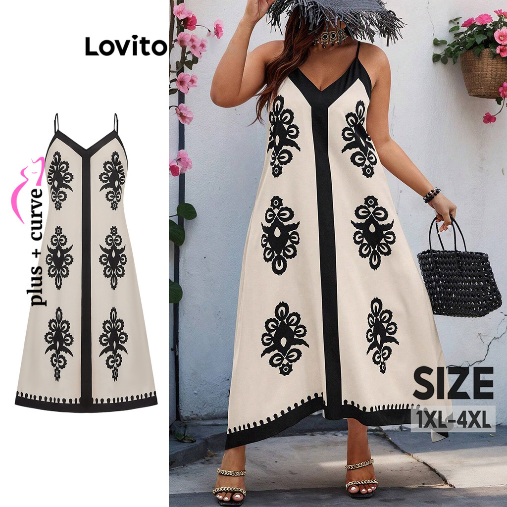 Lovito เดรสสาวอวบ ลายเพสลีย์ ผ้าเย็บต่อ สไตล์ลำลอง LBL14379