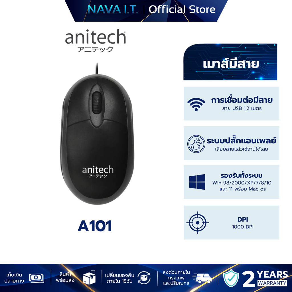 ANITECH A101 GRAY MOUSE OPTICAL USB เมาส์ 1000 DPI