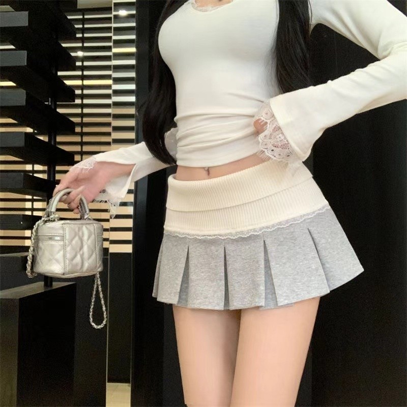 สาวร้อนลูกไม้เย็บจีบกระโปรงสีเทาฤดูใบไม้ร่วงและฤดูหนาวใหม่กระโปรงสั้นกระโปรงเอวสูงสำหรับคนตัวเล็ก