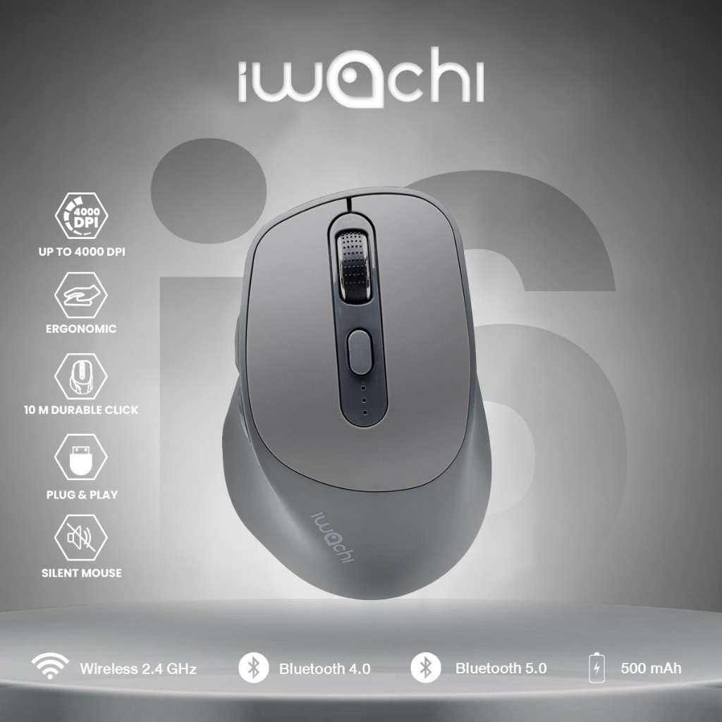 เมาส์ไร้สาย IWACHI i6 สีเทา สามารถใช้งานได้หลายอุปกรณ์ ไม่มีเสียงรบกวน ชาร์จแบตได้