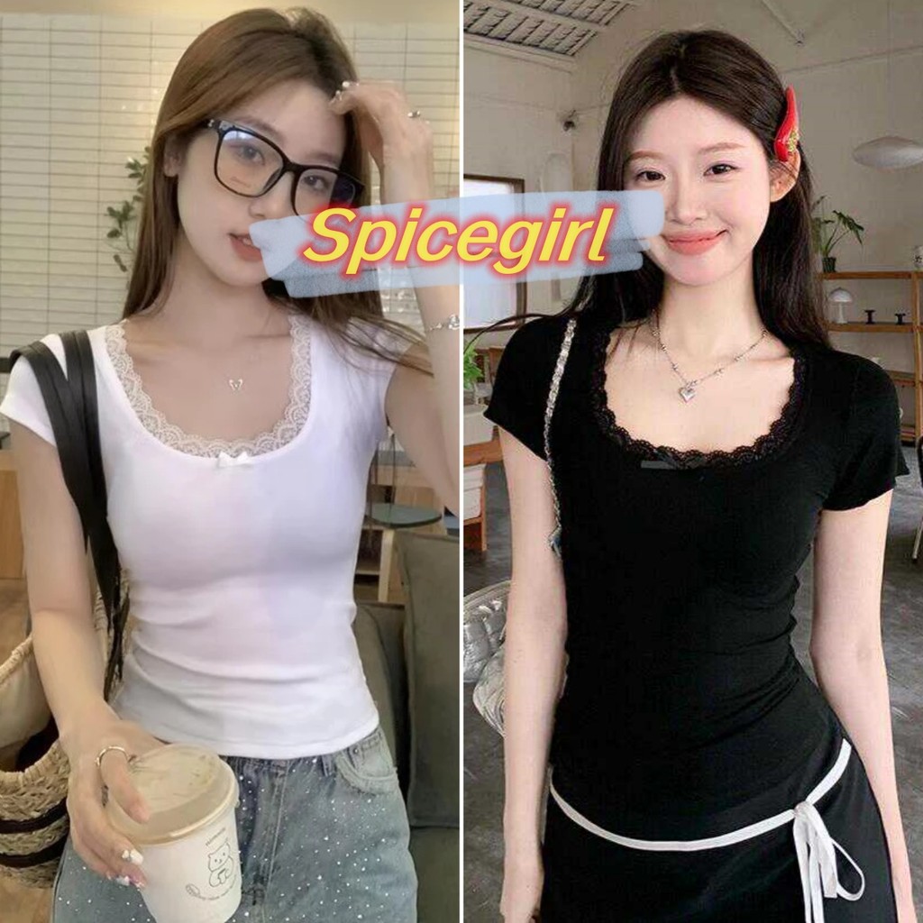 Spicegirl✨จัดส่งทันที✨เสื้อยืดแขนสั้นผู้หญิง สลิมฟิต คอกลมลายลูกไม้สีขาว การตกแต่งด้วยโบว์น่ารักT318