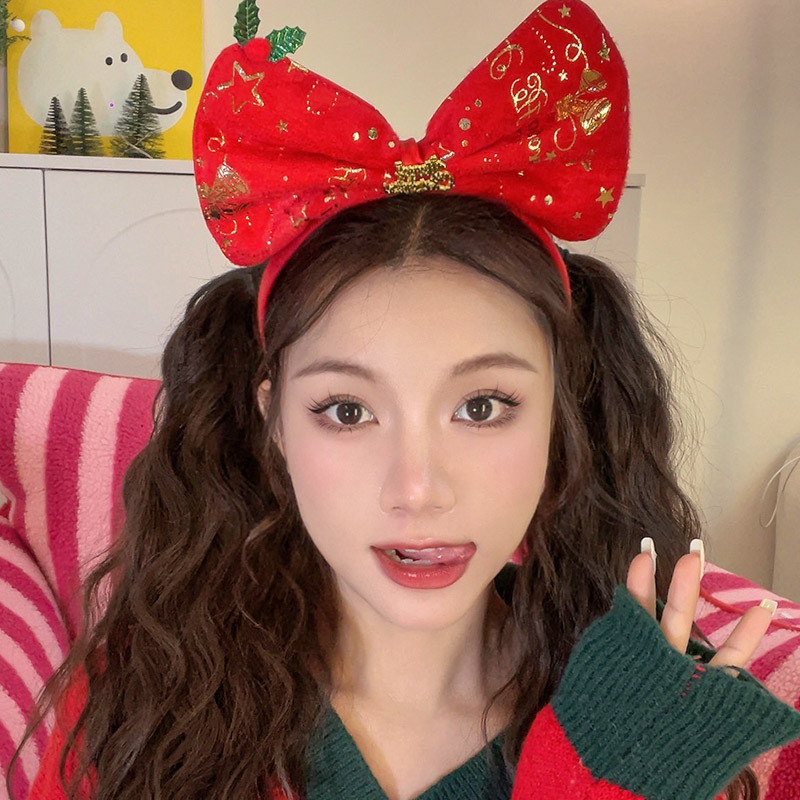 แฟชั่นสไตล์เกาหลี All-Match Super Shining Sequins Big Red Bow Crown Antlers แถบคาดศีรษะสดหวานน่ารัก Luminous Santa Claus Fur Ball Bell เห็ดแถบคาดศีรษะ Super น่ารัก Party Show Headwear