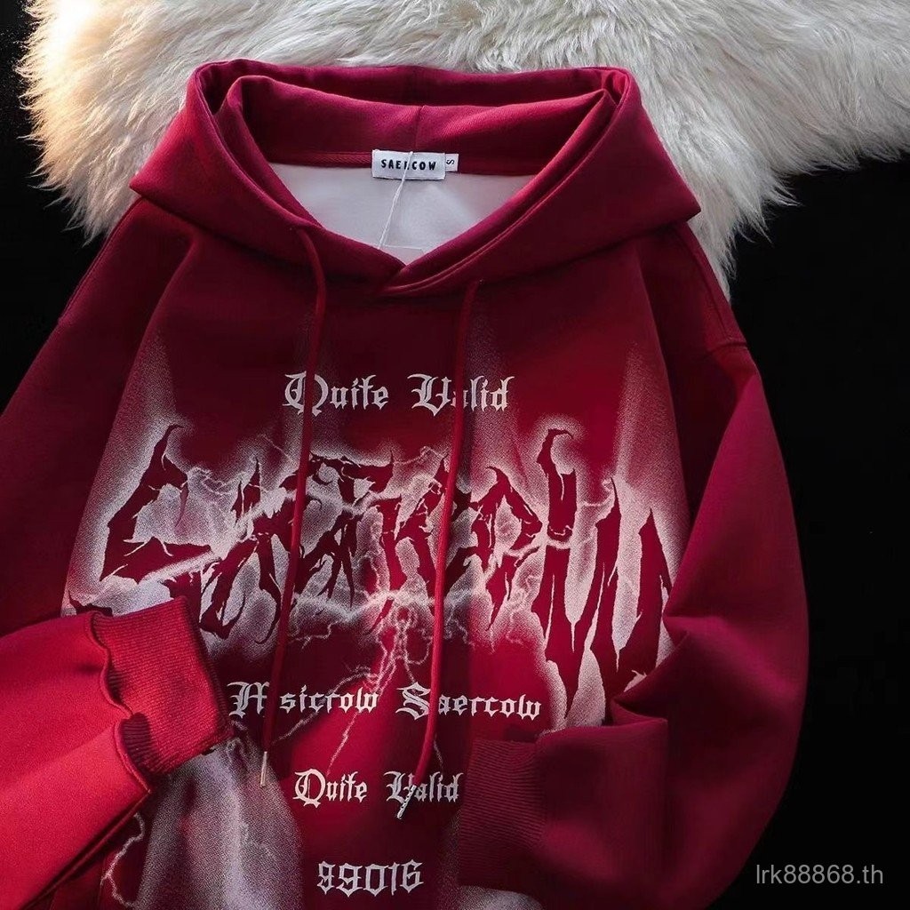 เสื้อสเวตเตอร์บุขนกำมะหยี่มีฮู้ดตัวอักษรลายสายฟ้าแบรนด์แฟชั่นสไตล์ยุโรปและอเมริกาเสื้อแจ็คเก็ตคู่รักสไตล์อเมริกันทรงหลวมหนักสำหรับผู้ชายและผู้หญิง