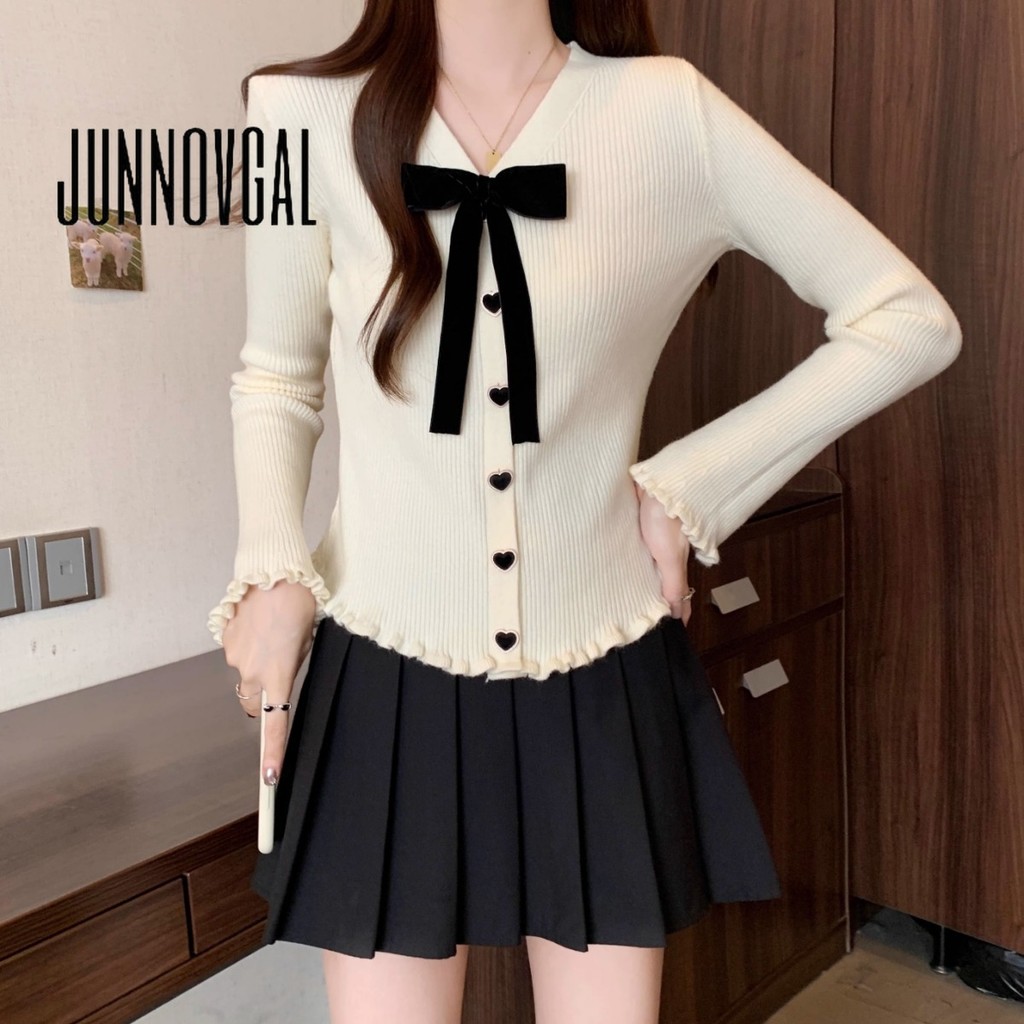 Junnovgal คาร์ดิแกนผู้หญิง 2024 คอวี กุทัณฑ์ ปุ่ม แขนยาว สไตล์ฤดูหนาว
