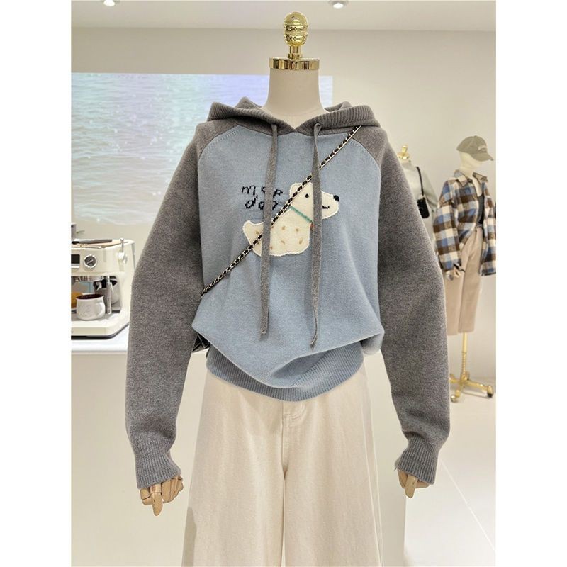 Niche การ์ตูนสามมิติลูกสุนัข Warm Color Matching หลวม Slimmer ดู Raglan Hooded เสื้อกันหนาวเสื้อกันหนาวผู้หญิง