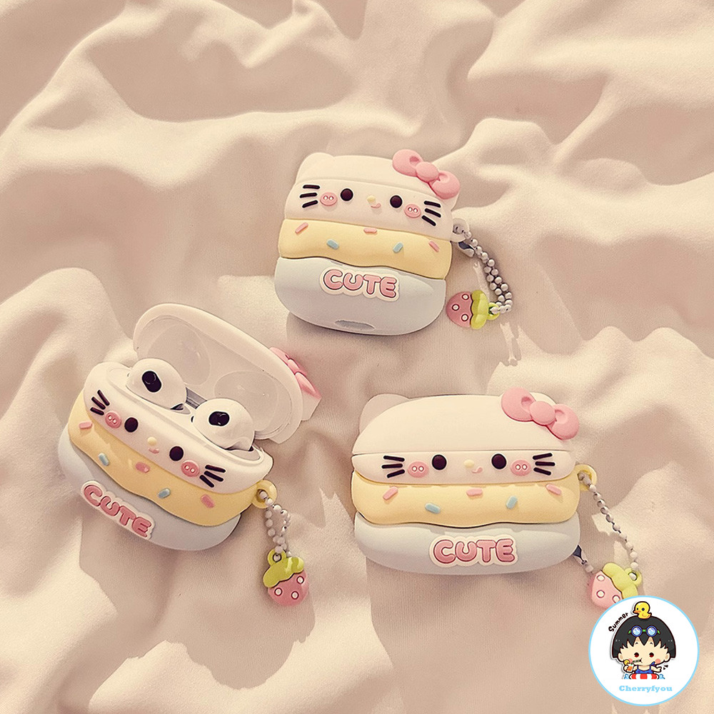 น่ารักการ์ตูนHello Kittyสตรอเบอร์รี่จี้หูฟังสําหรับAirpods 1 2 3 4 Pro 2 3 Anti-Fallกันชนไร้สายบลูทูธชุดหูฟัง