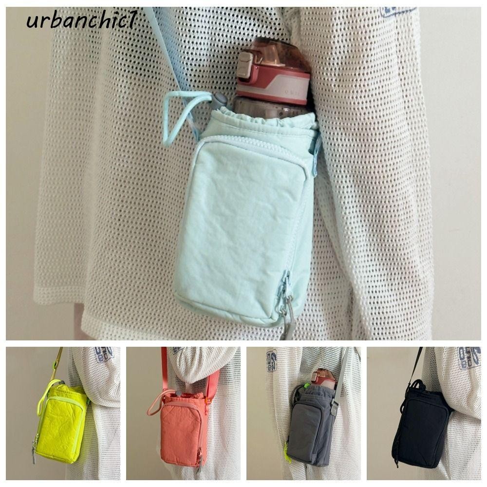 Urbanchic Drawstring Bag, Water Cup Cover Water Bottle Holde Nylon Shoulder Bag, Fashion Purse Korean Style Solid Color Crossbody Bag Outdoor