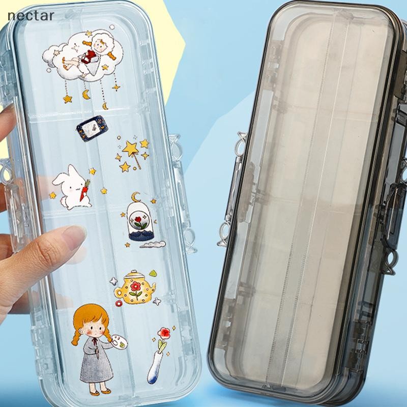 Tar Kawaii โปร่งใสดินสอ Double Layer เด็กปากกาเครื่องเขียนกล่องสํานักงานโรงเรียนขนาดใหญ่ความจุ Organizer N